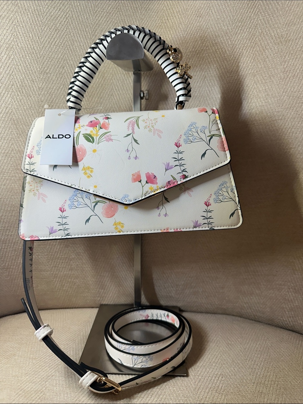 ALDO White Floral Satchel with Striped Wrapped Handle With Butterfly and Bee 🐝 - Picture 4 of 15